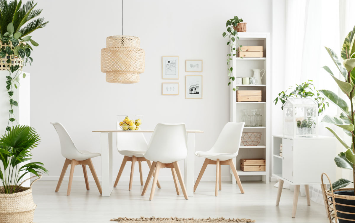 Einrcihten Helles Esszimmer mit Pflanzen und Dekoration