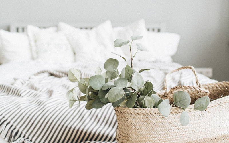 Ein Korb mit Eukalyptus vor einem weißen Bett