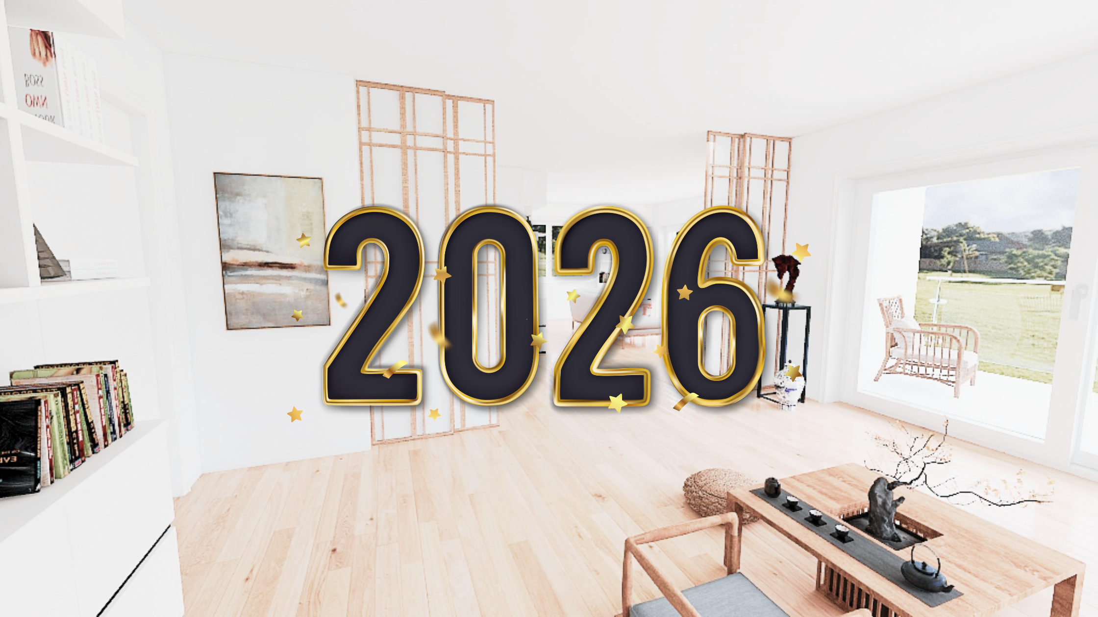 Ein heller Raum mit einer gr0ßen Zahl 2026